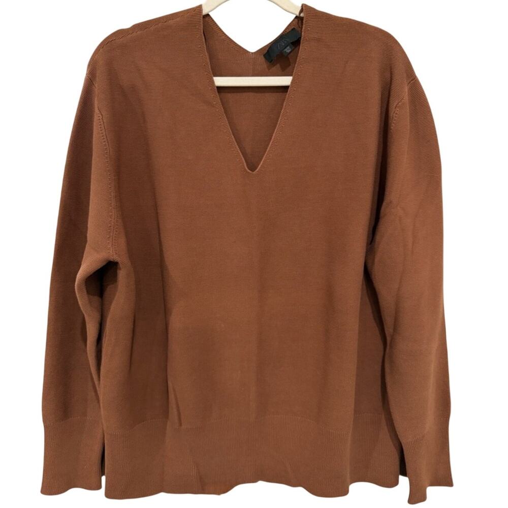 Zara Knit V-Neck Warm Rust 100% Cotton Sweater L NWOT